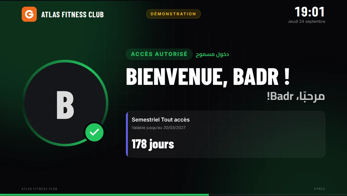 Écran client de Gymza affichant « Accès autorisé — Bienvenue, Badr ! » avec l’abonnement semestriel et 178 jours restants